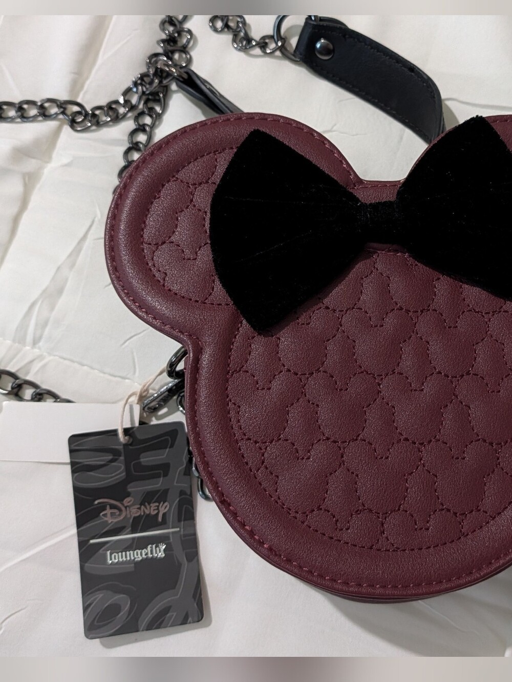 Loungefly Burgundy Quilted Minnie Mouse Crossbody with Black Bow